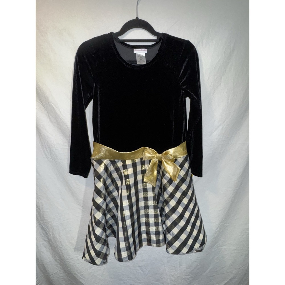 Bonnie Jean Girls Reg Size 16 1/2 Dress Christmas Plaid Velvet Black Gold Bow